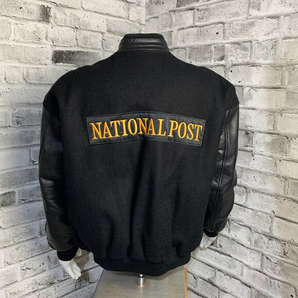Vintage Varsity Bomber Jacket Mens L Black Wool Leather Letterman National Post - Picture 4 of 15